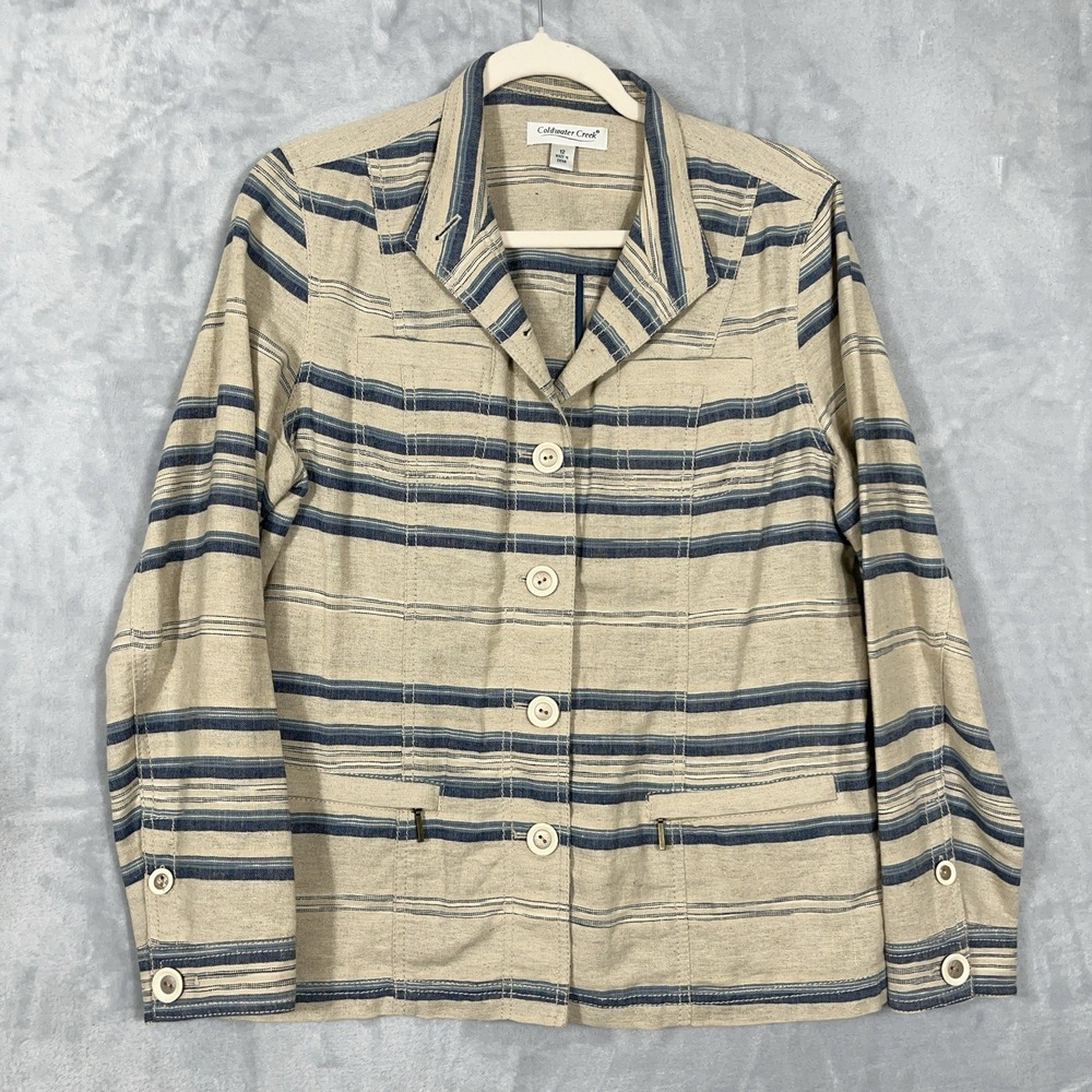 Coldwater Creek‎ Linen Blend Button Jacket Womens 12 Khaki Navy Coastal Shacket